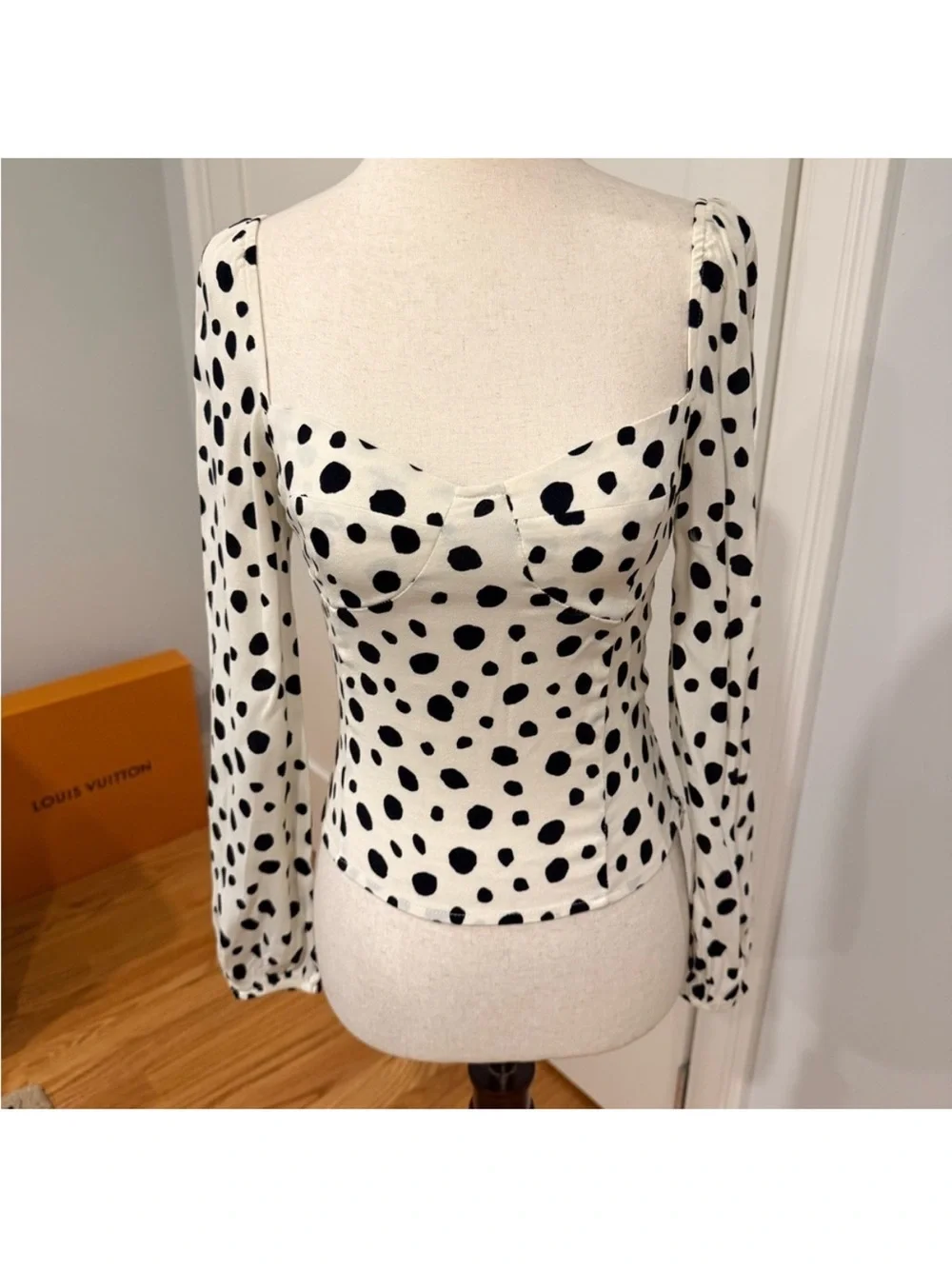 Reformation White and Black Spotted Square-Neck Long Sleeve Top